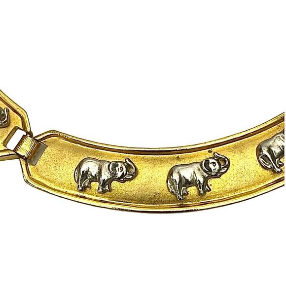 Elephant Necklace/Pewter Silver Tone Elephant Matte Gold Tone Panels - Picture 2 of 5
